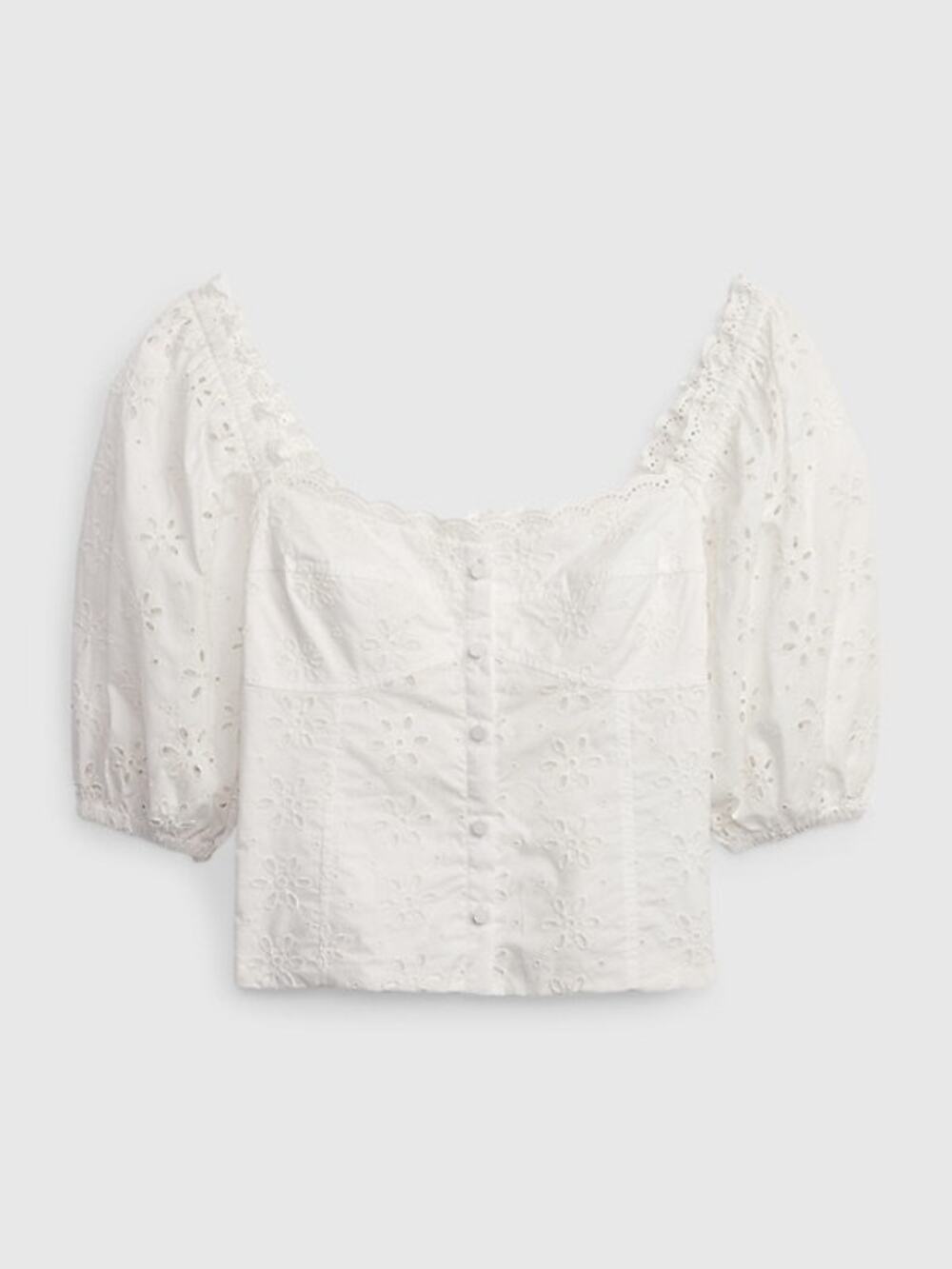 Gap Cotton Eyelet Square Neck Short Puff Sleeve Embroidered Blouse White
